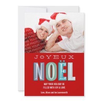 Joyeux Noel funky blue red chic Christmas photo invitation