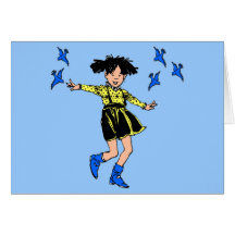 Joyful girl with bluebirds card