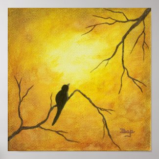 Joyous Bird Art on Branch Golden Sunshine Painting Print