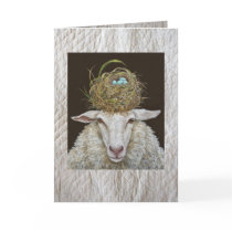 Judith the sheep card on quilted background
