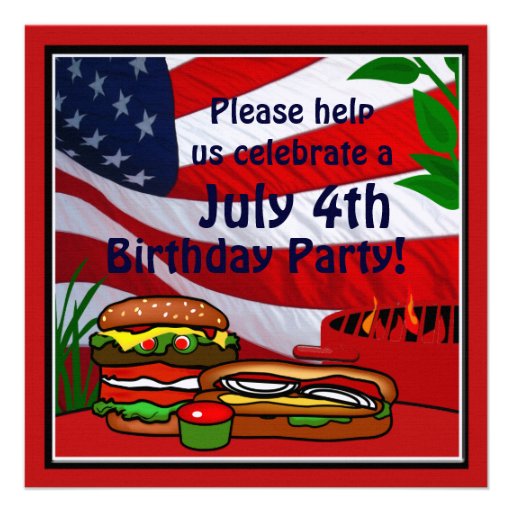July 4th Birthday Grill Picnic Hamburger Hotdog Invitations