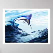 underwater, water, sailfish, ocean, sea, creature, marlin, hunt, swordfish, reef, billfish, animal, background, beautiful, blue, coral, concept, conceptual, escape, exploration, fish, flee, flying, free, freedom, glass, isolated, liquid, lonely, motion, move, life, splash, splashing, spring, swim, tropical, saltwater, sport, fishing, Poster with custom graphic design