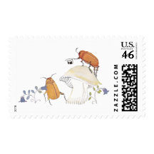 June Bugs, Mushroom and Blue Flowers Stamp