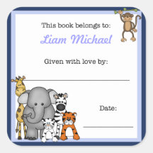 Jungle Animals Book Plate Blue Boy BOOKPLATE Square Sticker