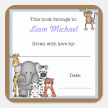 Jungle Animals Book Plate Blue Boy BOOKPLATE Sticker