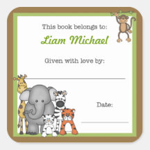 Jungle Animals Book Plate Green Boy BOOKPLATE Square Stickers
