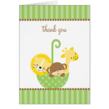 Jungle Animals in Green Umbrella Note Cards