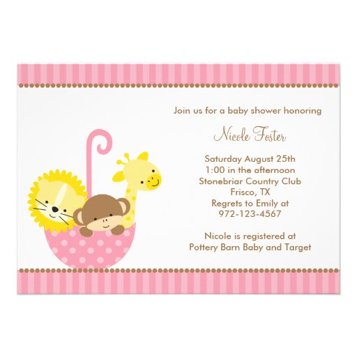 Jungle Animals in Pink Umbrella Invitations