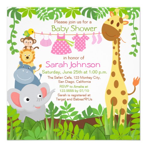 Jungle Animals Safari Girl Baby Shower Invitation Personalized Invitations