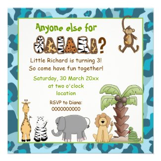 Jungle animals safari kids birthday party personalized invites