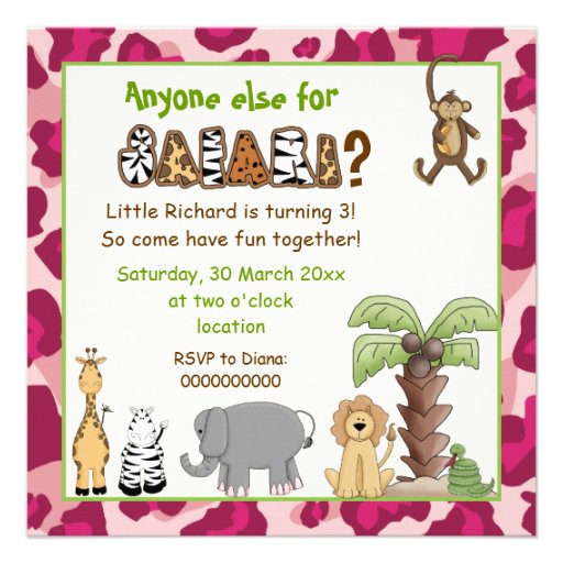 Jungle animals safari kids birthday party personalized invitation