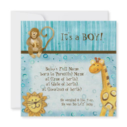Jungle Babies, Boy Birth Announcement - Blue invitation