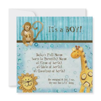 Jungle Babies, Boy Birth Announcement - Blue invitation