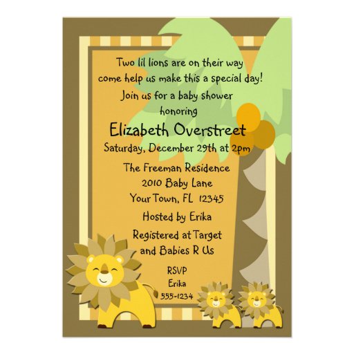 Jungle Baby Lion Twins Shower Party Zoo Safari Personalized Announcements