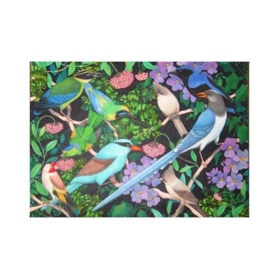 Original fine art drawing of colorful jungle birds of Asia including Fairy