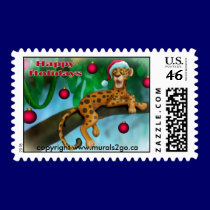 Jungle Cat in a Christmas hat postage