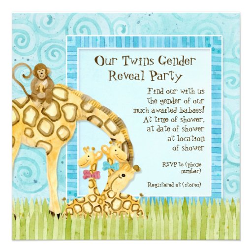 Jungle Giraffe Baby Boy Girl Twins Gender Reveal Custom Announcements
