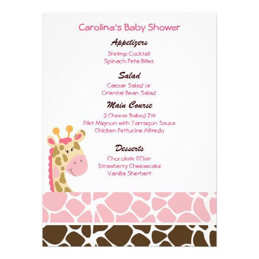 Jungle Giraffe Pink Custom Baby Shower Menu Personalized Invite