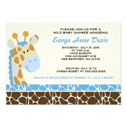 Jungle Giraffe Print (Blue) Baby Shower 5x7 Invite