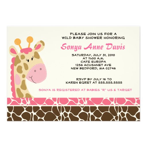 Jungle Giraffe Print (Pink) Baby Shower 5x7 Invite