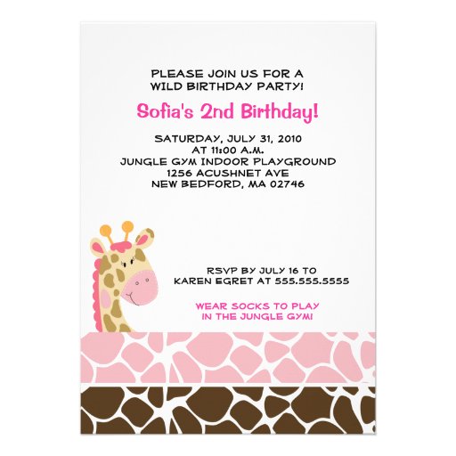 Jungle Giraffe Print (Pink) Birthday Party Invite (front side)