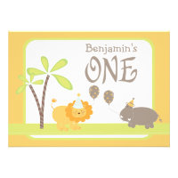 Jungle Lion and Hippo First Birthday Party Custom Invites