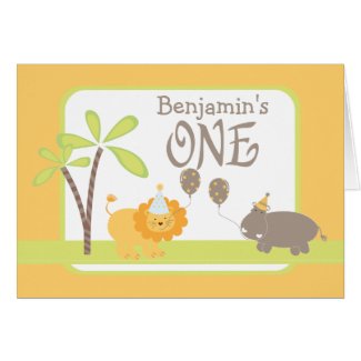 Jungle Lion and Hippo Happy 1st Birthday Card