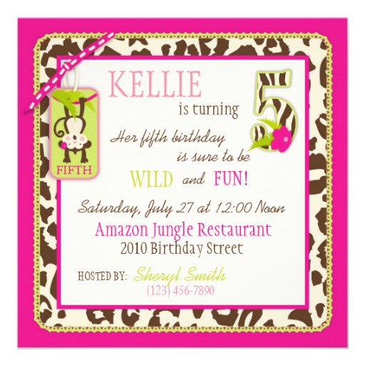 Jungle Monkey Fifth Birthday Invitation Pink