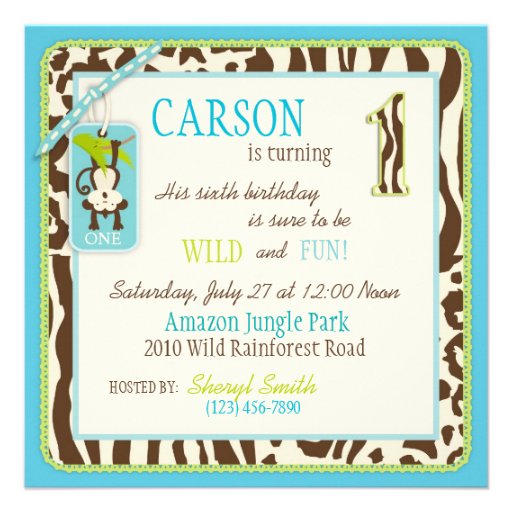 Jungle Monkey First Birthday Invitation Blue