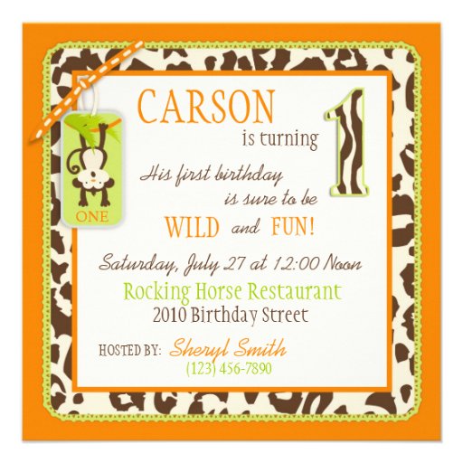 Jungle Monkey First Birthday Invitation Orange