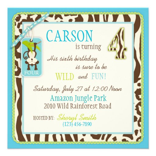 Jungle Monkey Fourth Birthday Invitation Blue