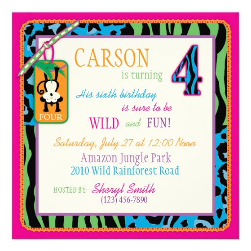 Jungle Monkey Fourth Birthday Invitation Wild