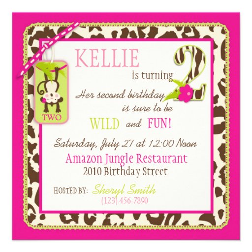 Jungle Monkey Second Birthday Invitation Pink