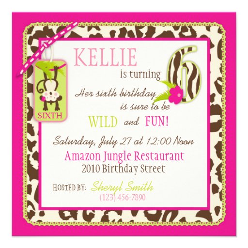 Jungle Monkey Sixth Birthday Invitation Pink