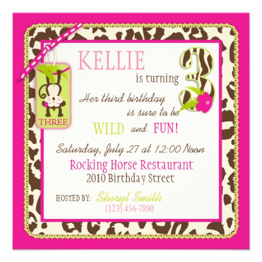 Jungle Monkey Third Birthday Invitation Pink