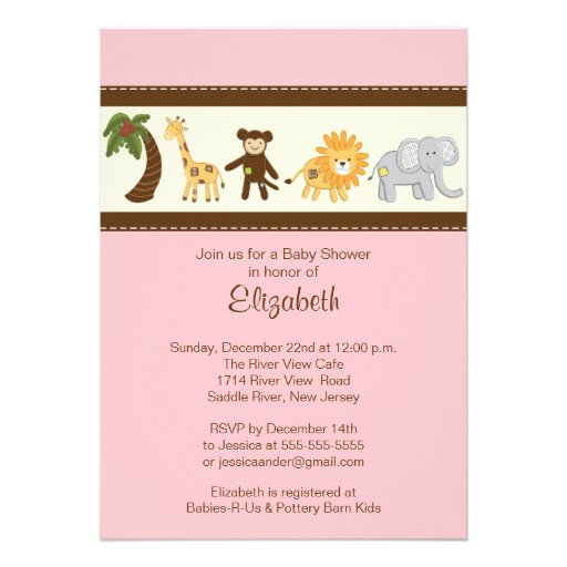 Jungle Safari Animal Girl Baby Shower Personalized Invitations (front side)