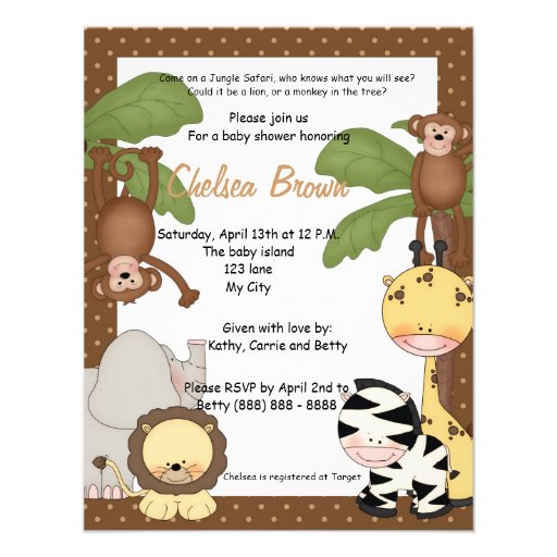 Jungle safari birthday baby shower invitation (front side)
