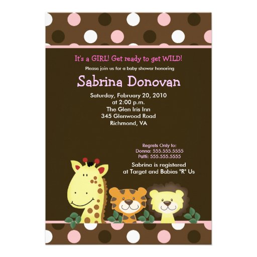 JUNGLE ZOO PARTY 5x7 Brown/Pink Baby Shower Custom Announcements