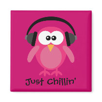 Just Chillin Pink Owl With Headphones Refrigerator Magnet