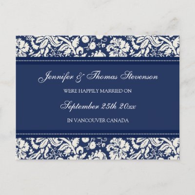 Just Married Announcement Postcards Blue Damask