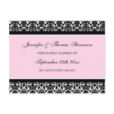 Just Married Announcement Postcards Pink Damask