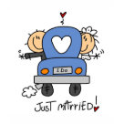 ladies_casual_tshirt - A cute Just Married design featuring a stick figure bride and groom waving from inside their car and text that reads "Just Married" on bride and groom T-shirts, mugs, cards, stickers, tote bags, mousepads, postage stamps, keychains, and other wedding apparel and gifts.