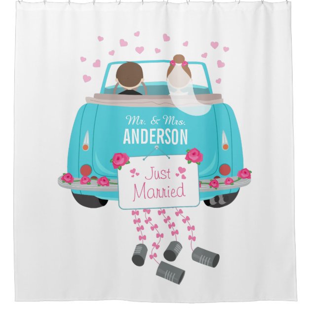 Just Married Bride and Groom Wedding Car Shower Curtain-1
