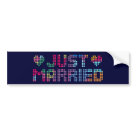 standard_bumpersticker - Customizable bumper sticker for newlyweds with hearts and colorful dots reading Just Married.  You may change the background color and add your own custom text.