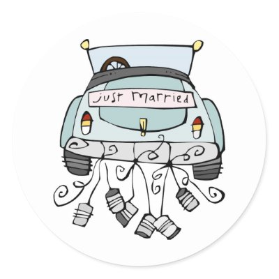 Just married car dragging cans round stickers