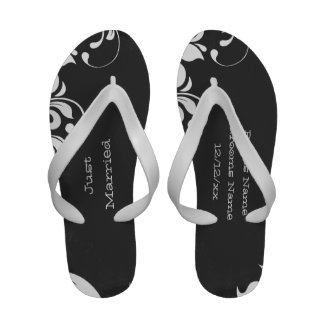 Just Married Customizable Black White Flourish Flip-Flops