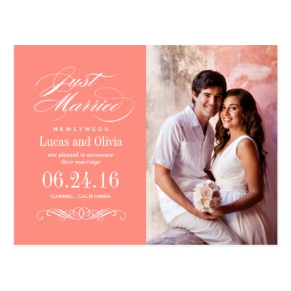 Just Married Wedding Announcements | Coral Pink Postcard