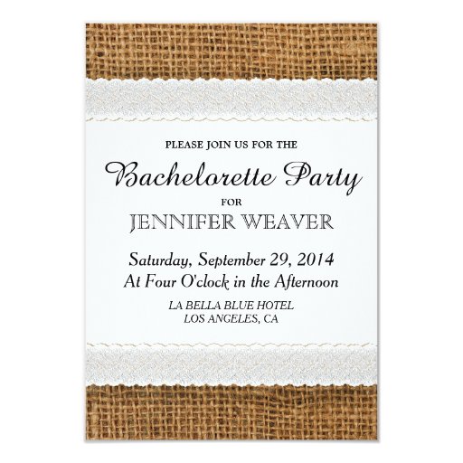 Jute and Lace Bachelorette Party Invitations (front side)