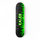 Kaleb green fire and flames skateboard design.