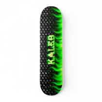 Kaleb green fire and flames skateboard design.